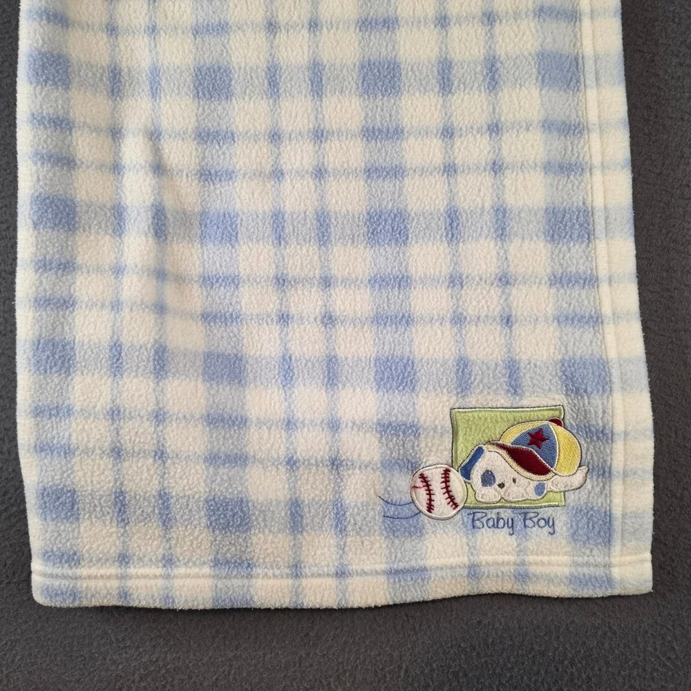Baby‎ Connection Blue White Plaid Fleece Baby Blanket Baseball Dog PRE-LOVED